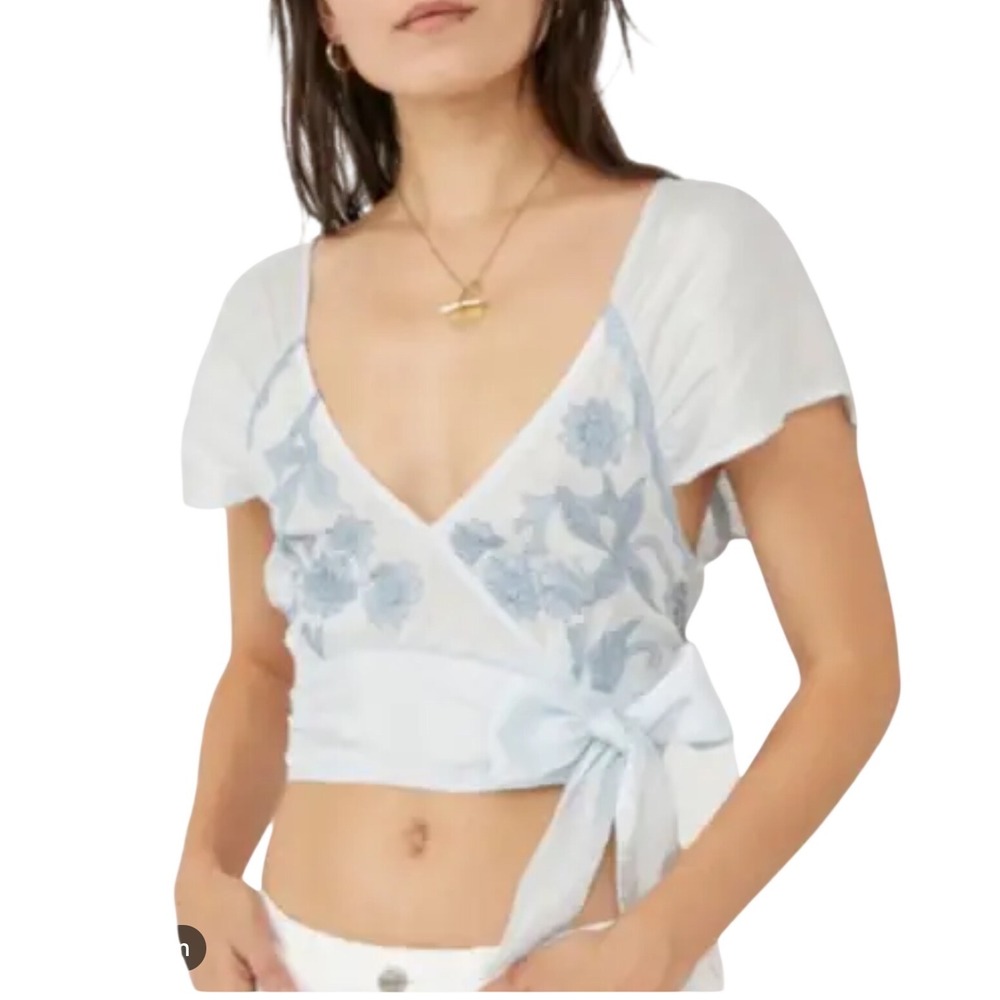 Free People Crisp Morning Embroidered Top Small Blue Floral Side Tie OB14101